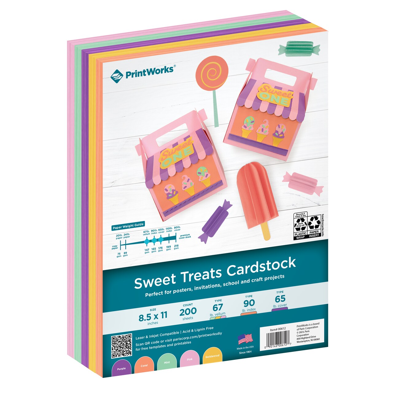 Printworks Sweet Treats Cardstock, Includes Mint, Goldenrod, Pink, Coral, and Purple Cardstock, 8 ½” x 11”, 200 Sheets (00612)